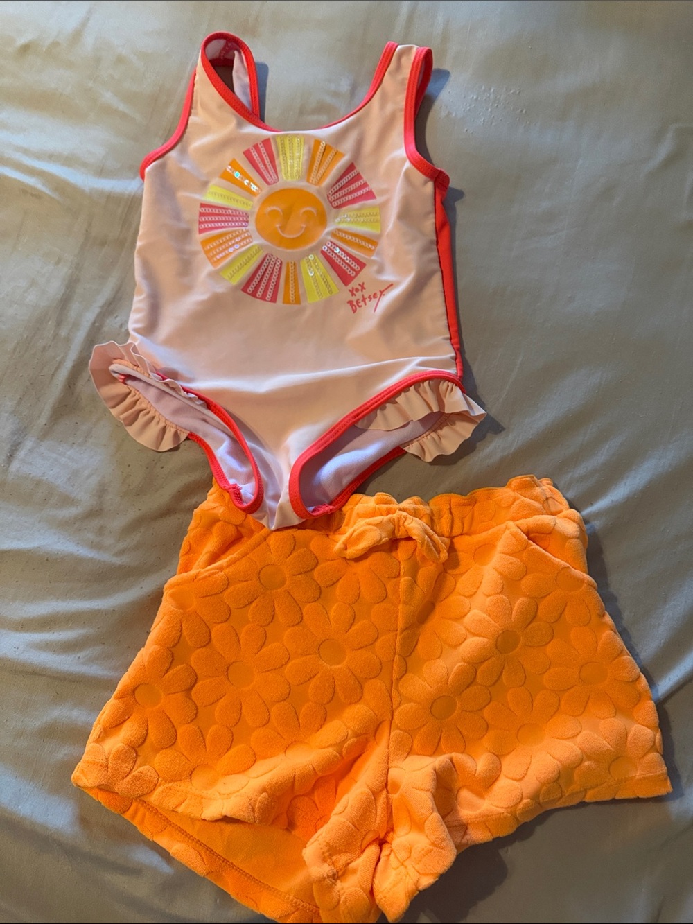 Betsey Johnson Girls Pink One-Piece Swimsuit with Yellow & Orange Sun